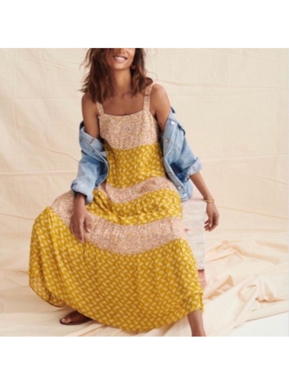 Madewell Yellow Floral Tiered Maxi Dress with Square Neckline